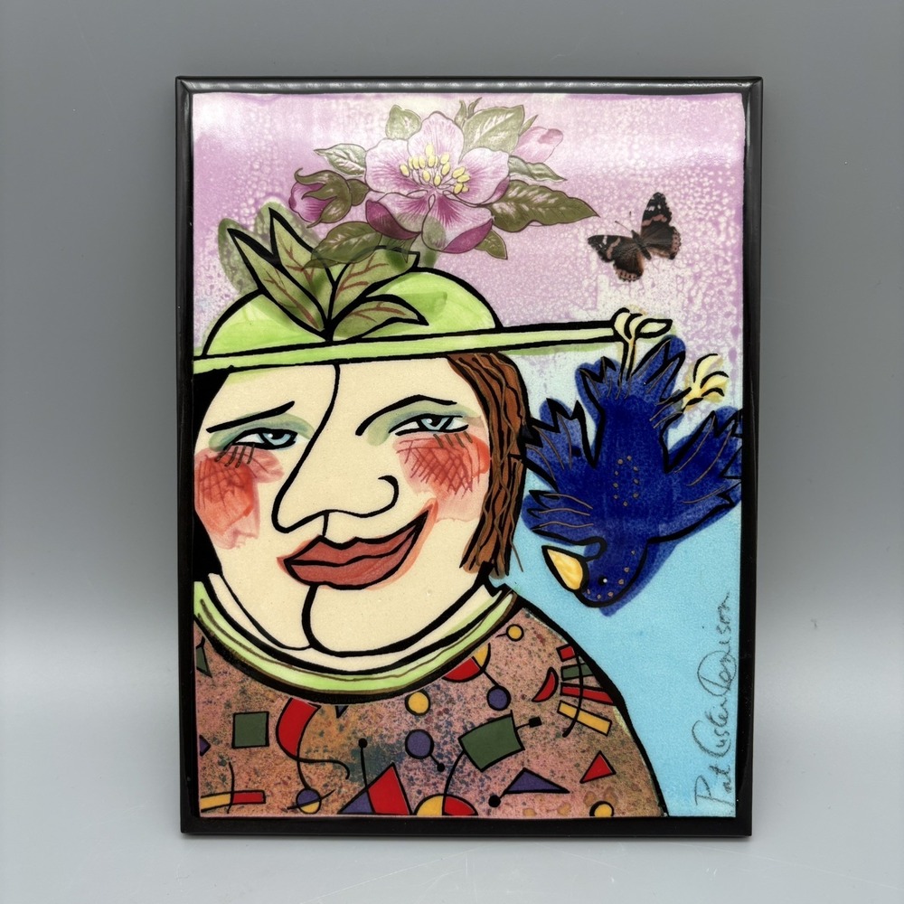 Pat Custer Denison Art Tile A‎ Trick Bird Signed 6" x 8" Kitchy Trivet Folk Art